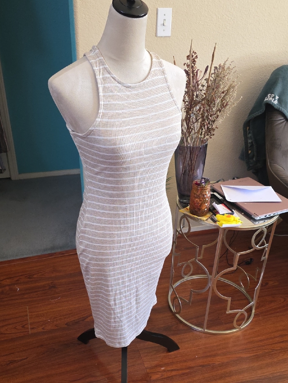 iris Beige and White Striped Midi Tank Dress